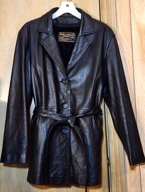 Vtg 1988 Mikes Arcade Clothing Co Black Leather Jacket Mens Lrg Belted Coat Puma